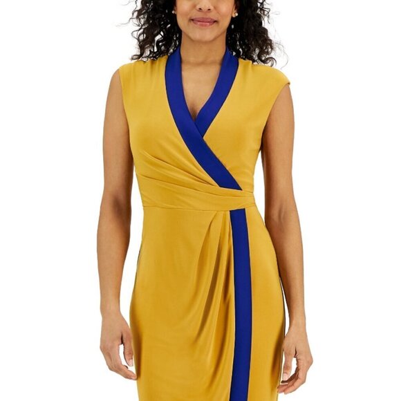 Kasper Colorblocked Blue and Gold Faux-Wrap Cap-Sleeve Dress NWT - Picture 4 of 7